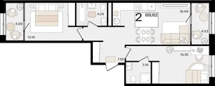 Планировка 2-комн. квартира, 69.53 м² ЖК «Патрики»