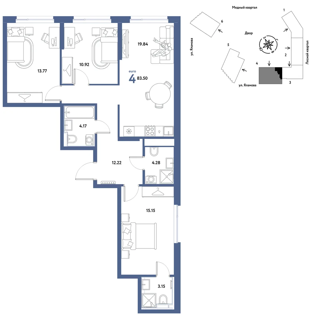 Планировка 4-комн. квартира, 83.5 м² ЖК «Сибирский сад»
