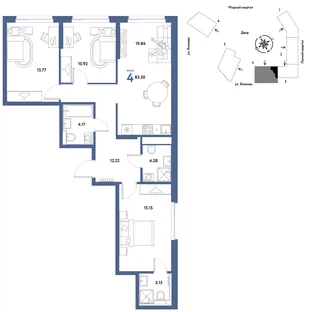 Планировка 4-комн. квартира, 83.5 м² ЖК «Сибирский сад»