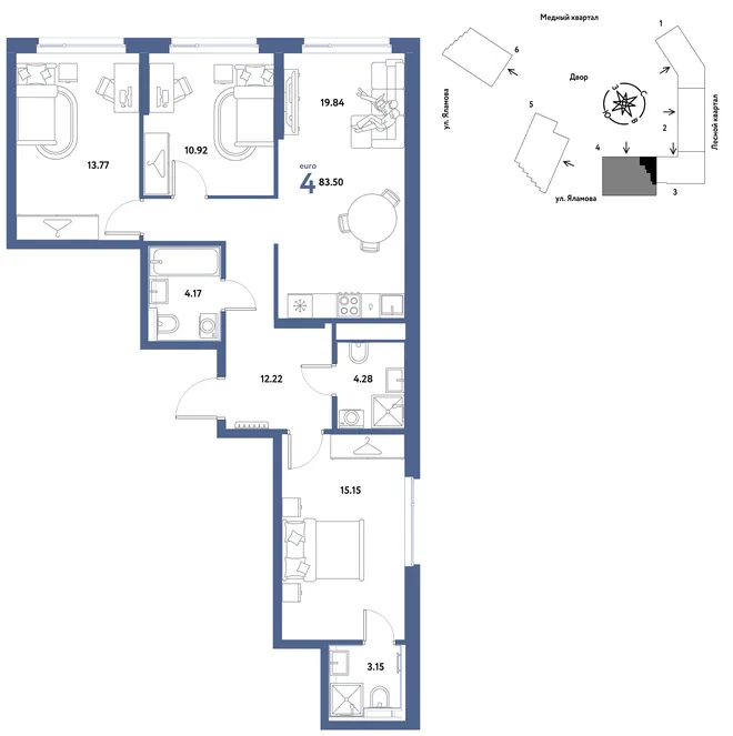 Планировка 4-комн. квартира, 83.5 м² ЖК «Сибирский сад» Планировка 4-комн. квартира, 83.5 м² ЖК «Сибирский сад»