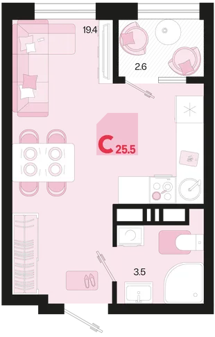 Планировка Студия, 25.5 м² ЖК «Первое место»