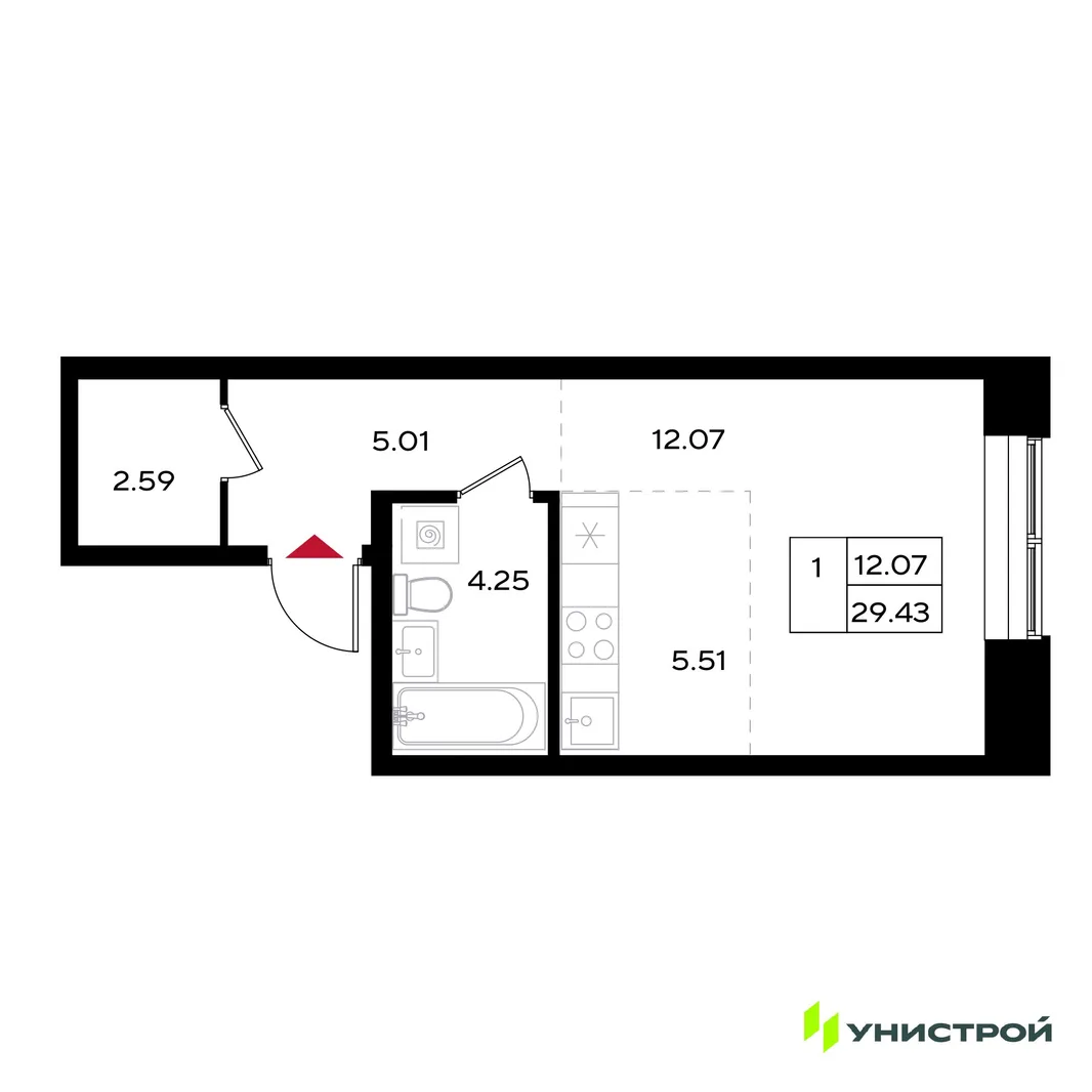 Планировка 1-комн. квартира, 29.43 м² ЖК «Уникум на Энгельса»