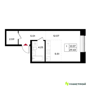 Планировка 1-комн. квартира, 29.43 м² ЖК «Уникум на Энгельса»