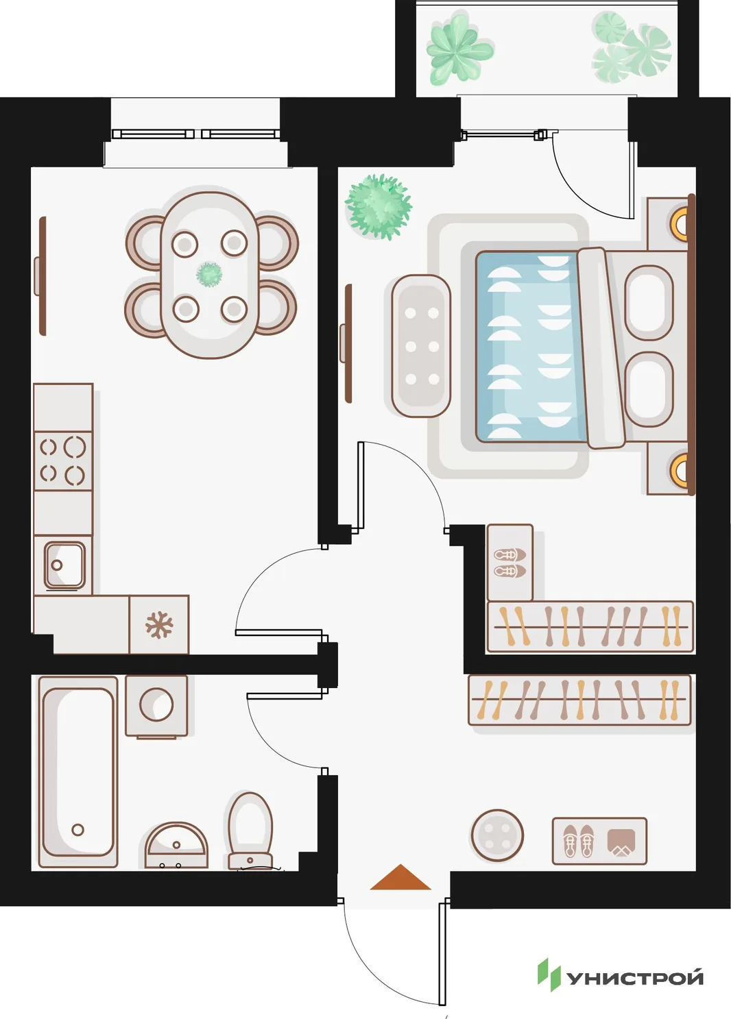Планировка 1-комн. квартира, 36.82 м² ЖК «Жилой кластер Q на Кулагина»