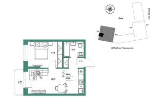 Планировка 2-комн. квартира, 39.94 м² ЖК «Сибирский сад»