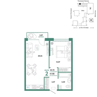 Планировка 2-комн. квартира, 43.15 м² ЖК «Сердце Сибири»