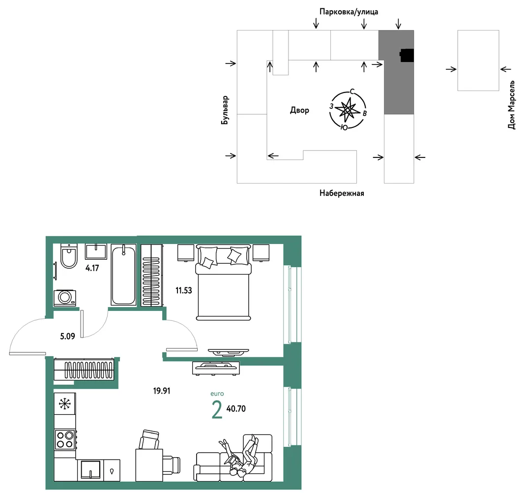 Планировка 2-комн. квартира, 40.7 м² ЖК «Европейский берег 2.0»