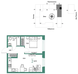 Планировка 2-комн. квартира, 40.7 м² ЖК «Европейский берег 2.0»