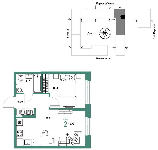 Планировка 2-комн. квартира, 40.7 м² ЖК «Европейский берег 2.0» Планировка 2-комн. квартира, 40.7 м² ЖК «Европейский берег 2.0»