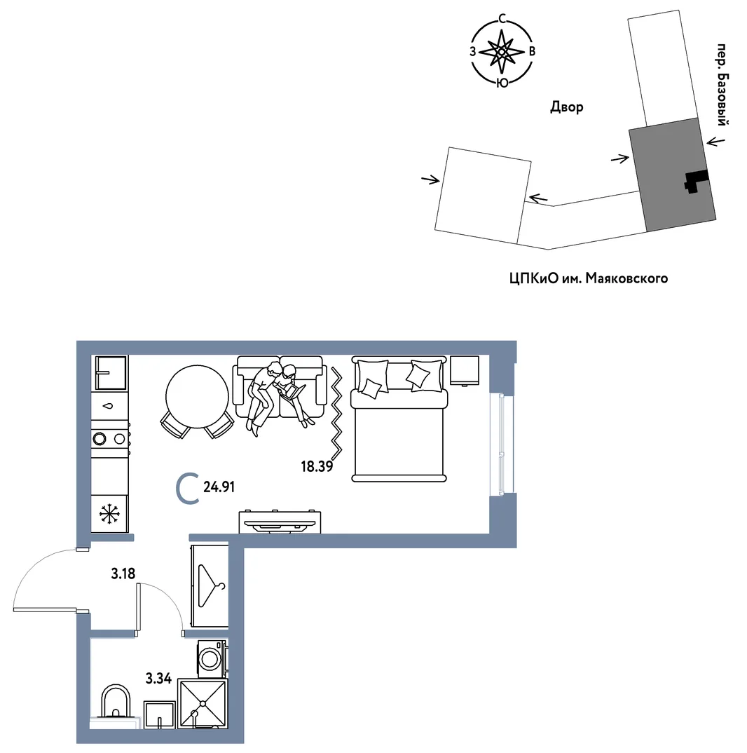 Планировка Студия, 24.91 м² ЖК «Сибирский сад»