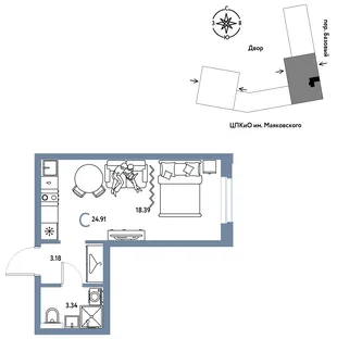 Планировка Студия, 24.91 м² ЖК «Сибирский сад»