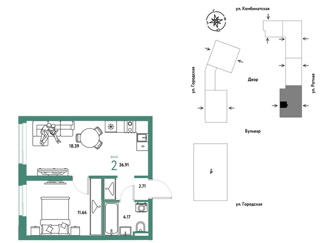 Планировка 2-комн. квартира, 36.91 м² ЖК «Уральский сад» Планировка 2-комн. квартира, 36.91 м² ЖК «Уральский сад»