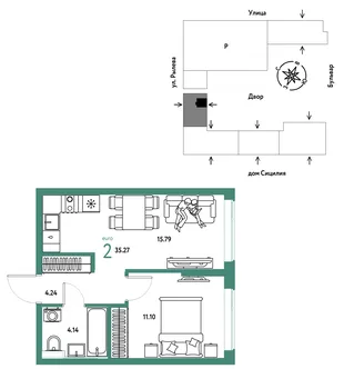 Планировка 2-комн. квартира, 35.27 м² ЖК «Остров-сад»