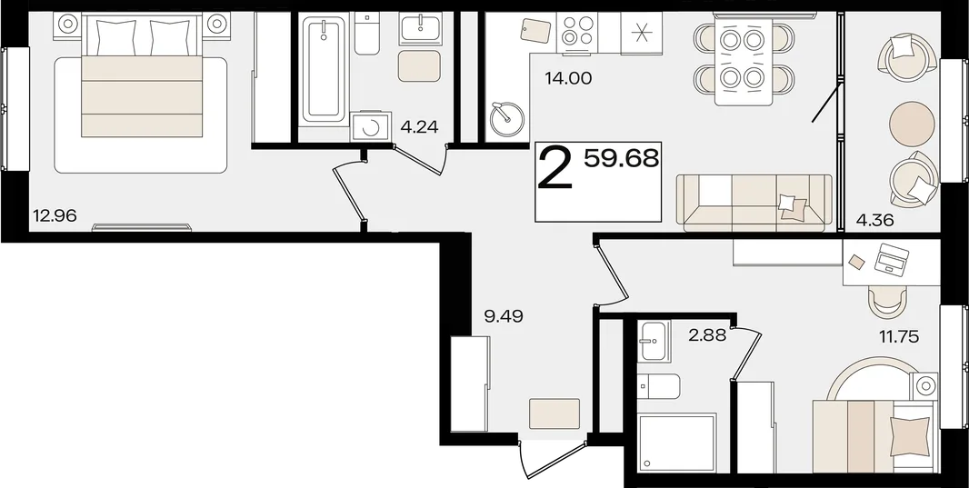 Планировка 2-комн. квартира, 59.44 м² ЖК «Патрики»