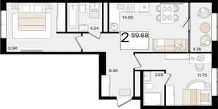 Планировка 2-комн. квартира, 59.44 м² ЖК «Патрики»