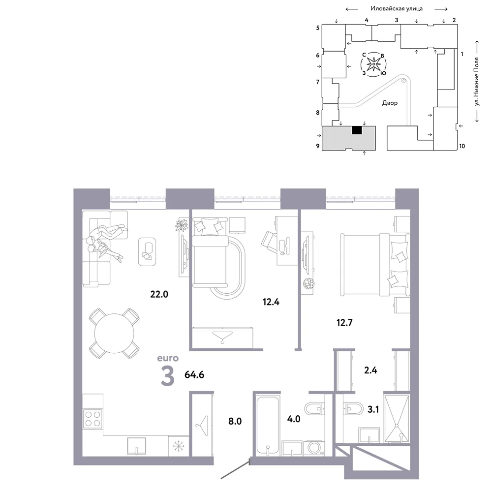 Планировка 3-комн. квартира, 64.6 м² ЖК «Страна.Заречная»