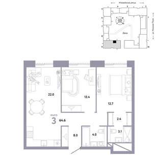Планировка 3-комн. квартира, 64.6 м² ЖК «Страна.Заречная»