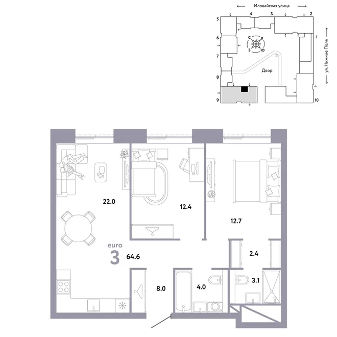 Планировка 3-комн. квартира, 64.6 м² ЖК «Страна.Заречная» Планировка 3-комн. квартира, 64.6 м² ЖК «Страна.Заречная»