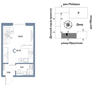 Планировка Студия, 24.72 м² ЖК «Остров-сад»