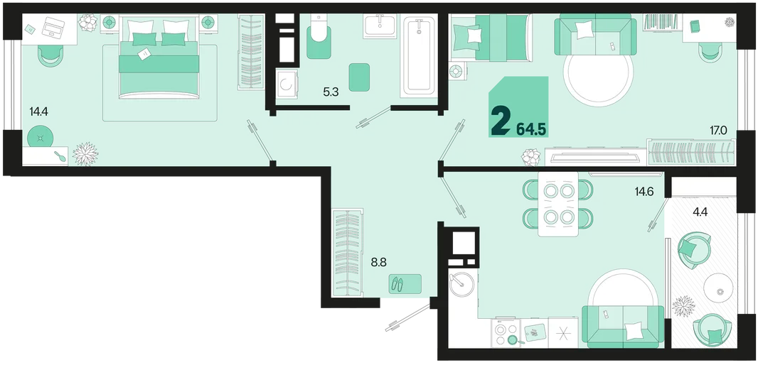 Планировка 2-комн. квартира, 64.5 м² ЖК «Первое место»