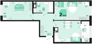 Планировка 2-комн. квартира, 64.5 м² ЖК «Первое место»