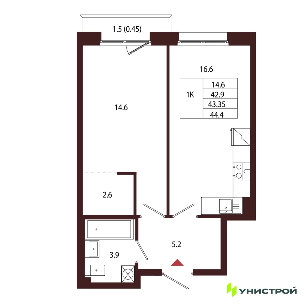 Планировка 1-комн. квартира, 43.35 м² ЖК «Лисино»