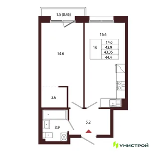 Планировка 1-комн. квартира, 43.35 м² ЖК «Лисино»