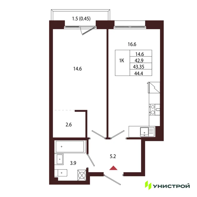 Планировка 1-комн. квартира, 43.35 м² ЖК «Лисино» Планировка 1-комн. квартира, 43.35 м² ЖК «Лисино»