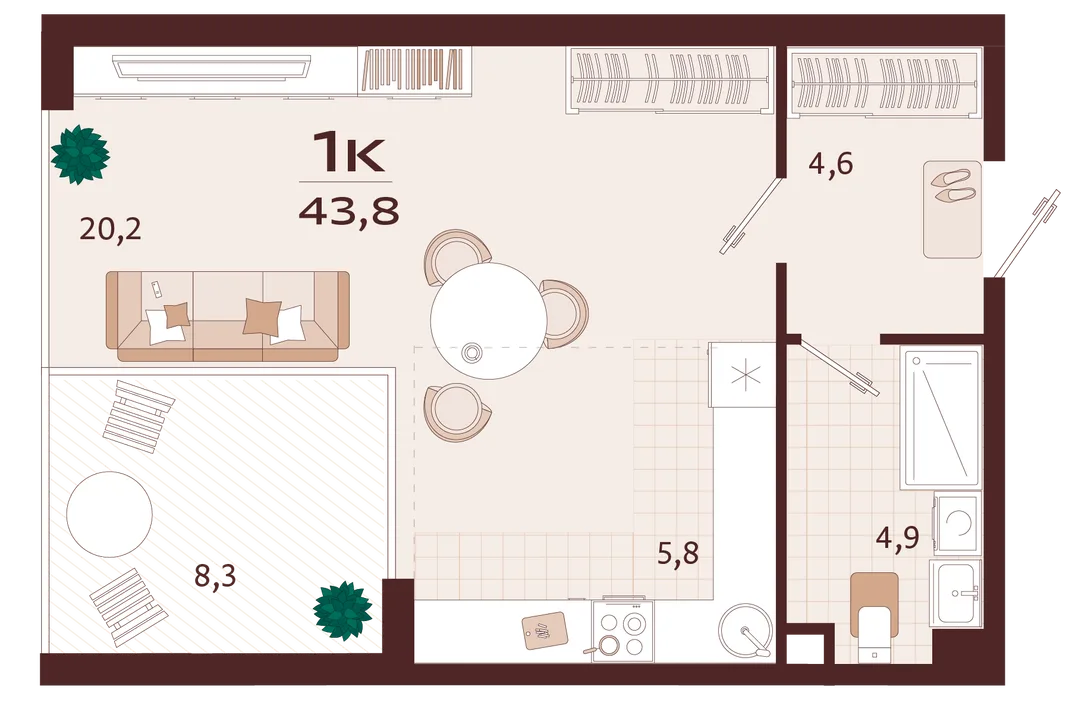 Планировка 1-комн. квартира, 43.8 м² ЖК «Роялта»
