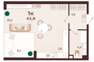 Планировка 1-комн. квартира, 43.8 м² ЖК «Роялта»