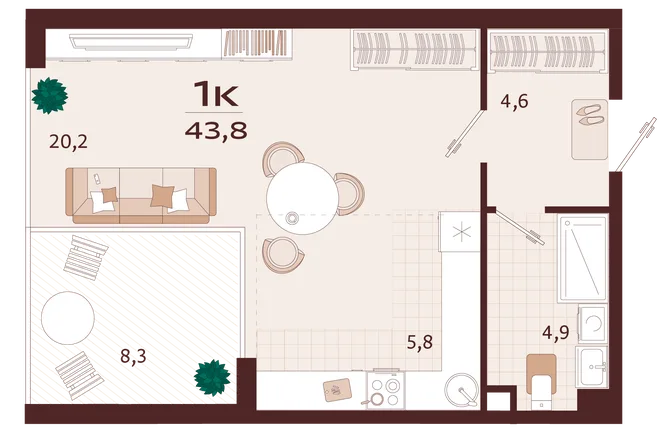 Планировка 1-комн. квартира, 43.8 м² ЖК «Роялта» Планировка 1-комн. квартира, 43.8 м² ЖК «Роялта»