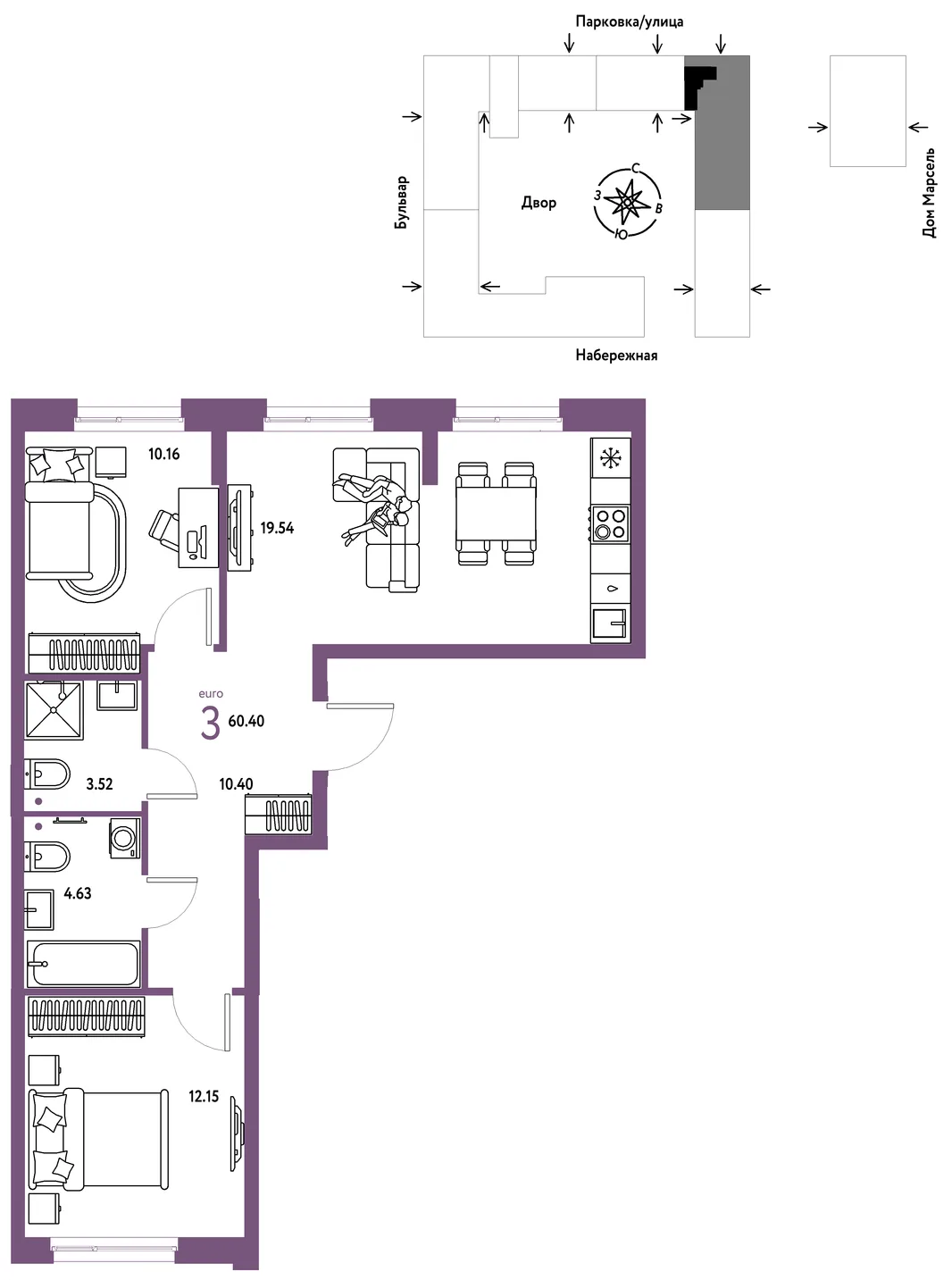 Планировка 3-комн. квартира, 60.4 м² ЖК «Европейский берег 2.0»