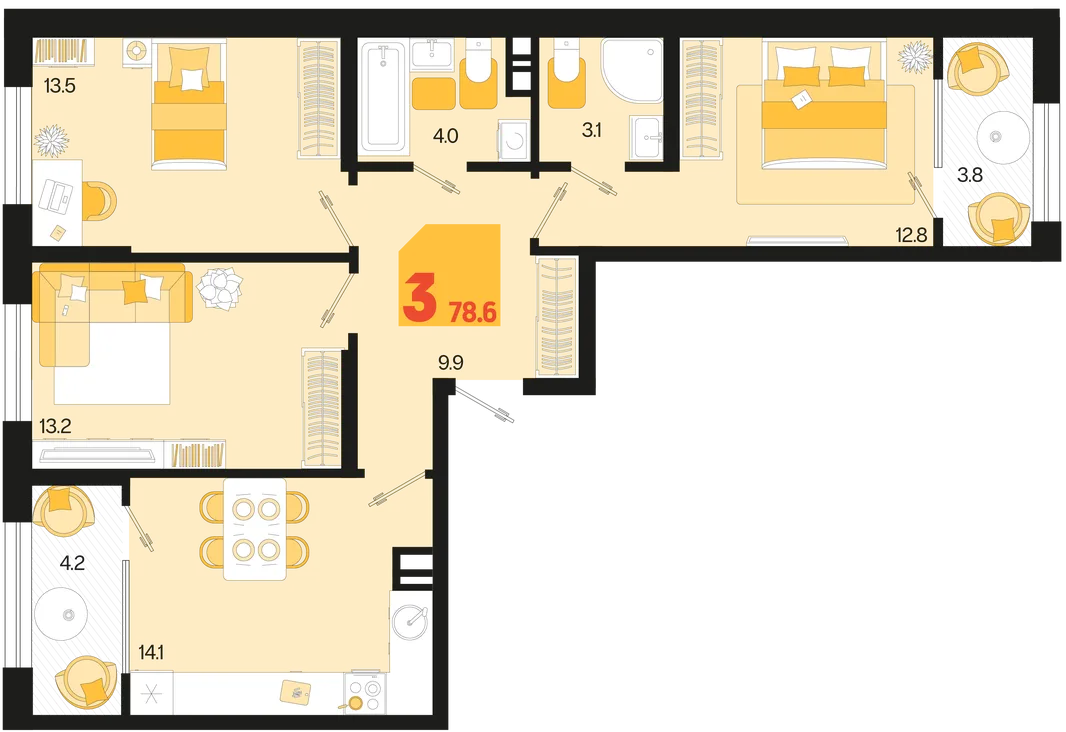 Планировка 3-комн. квартира, 78.6 м² ЖК «Первое место»