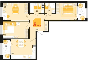 Планировка 3-комн. квартира, 78.6 м² ЖК «Первое место»