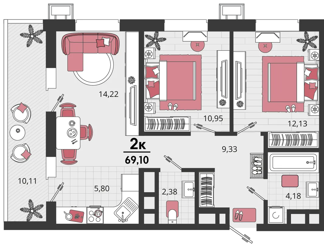 Планировка 3-комн. квартира, 69.1 м² ЖК «Родные просторы»
