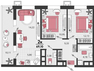 Планировка 3-комн. квартира, 69.1 м² ЖК «Родные просторы»