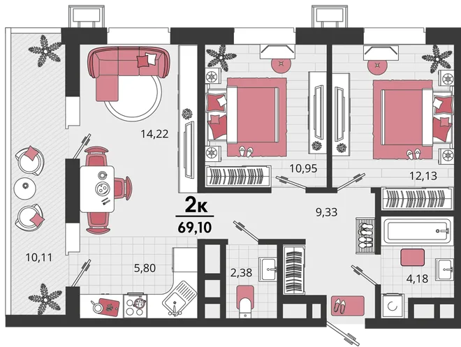 Планировка 3-комн. квартира, 69.1 м² ЖК «Родные просторы» Планировка 3-комн. квартира, 69.1 м² ЖК «Родные просторы»