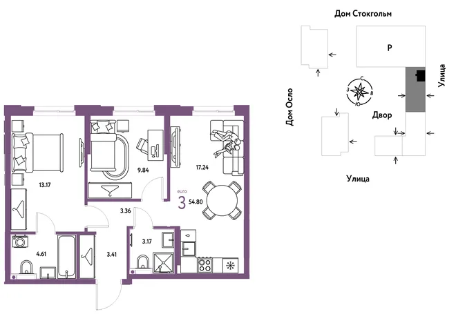 Планировка 3-комн. квартира, 54.8 м² ЖК «Европейский берег 2.0» Планировка 3-комн. квартира, 54.8 м² ЖК «Европейский берег 2.0»