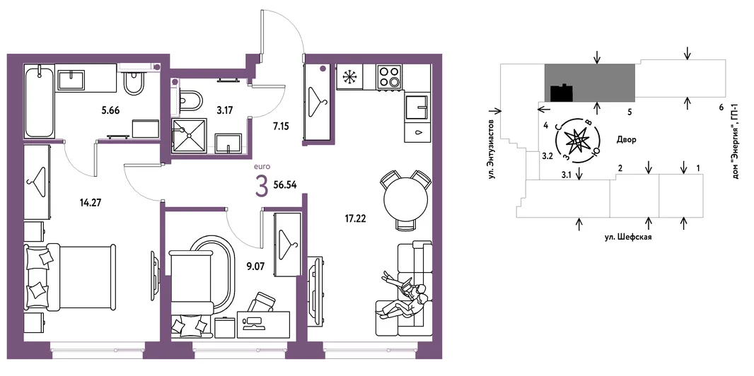 Планировка 3-комн. квартира, 56.48 м² ЖК «Страна.Энтузиастов»