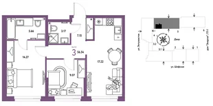 Планировка 3-комн. квартира, 56.48 м² ЖК «Страна.Энтузиастов»