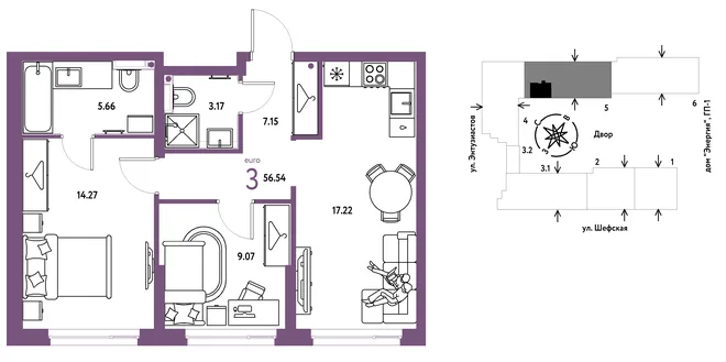 Планировка 3-комн. квартира, 56.48 м² ЖК «Страна.Энтузиастов»