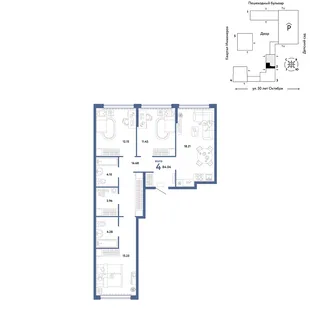Планировка 4-комн. квартира, 84.04 м² ЖК «Сердце Сибири»