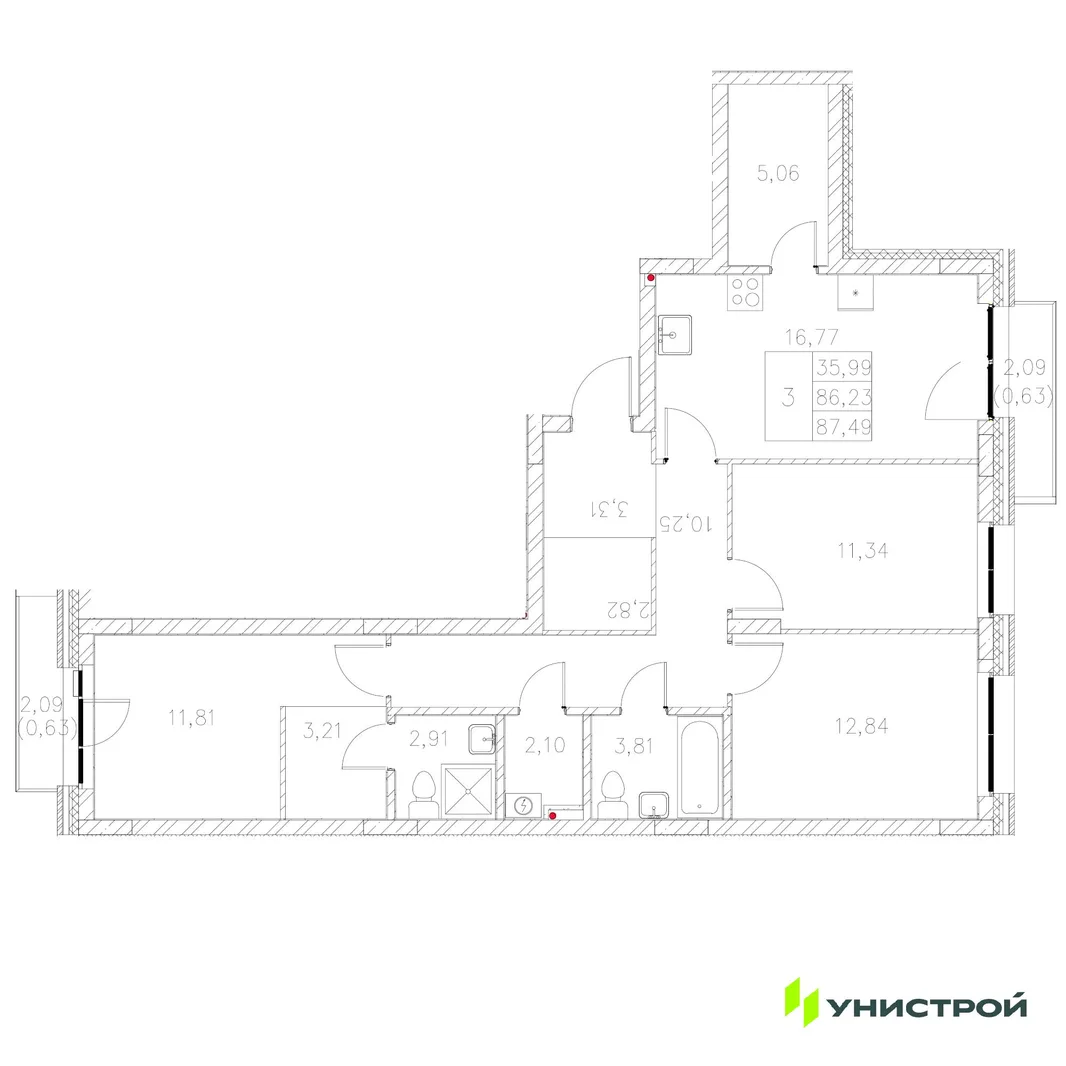 Планировка 3-комн. квартира, 87.49 м² ЖК «Statum»