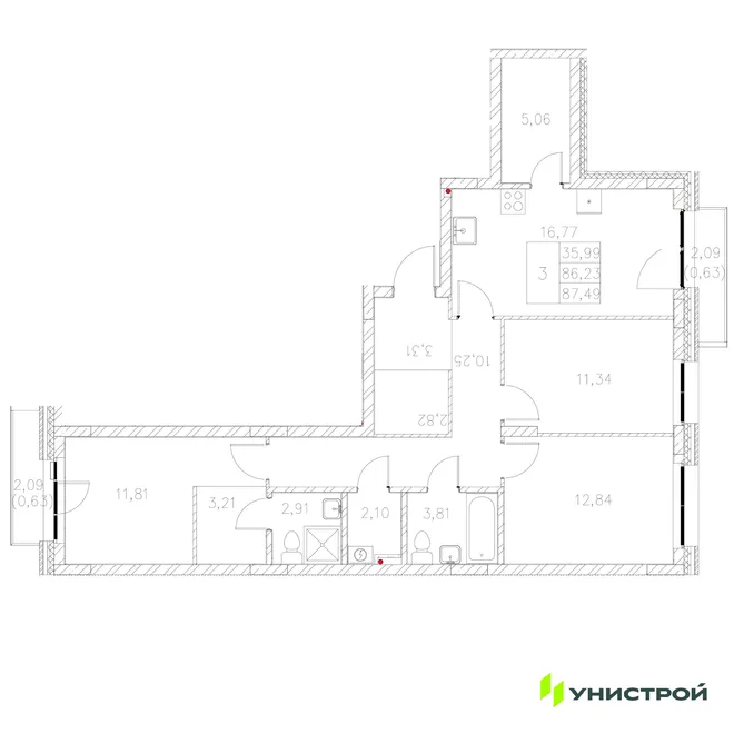 Планировка 3-комн. квартира, 87.49 м² ЖК «Statum» Планировка 3-комн. квартира, 87.49 м² ЖК «Statum»
