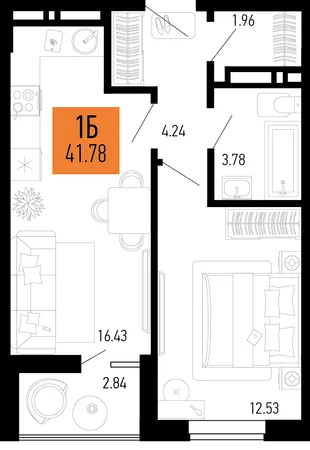 Планировка 1-комн. квартира, 41.78 м² ЖК «Столицыно»