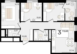 Планировка 3-комн. квартира, 72.83 м² ЖК «Патрики»