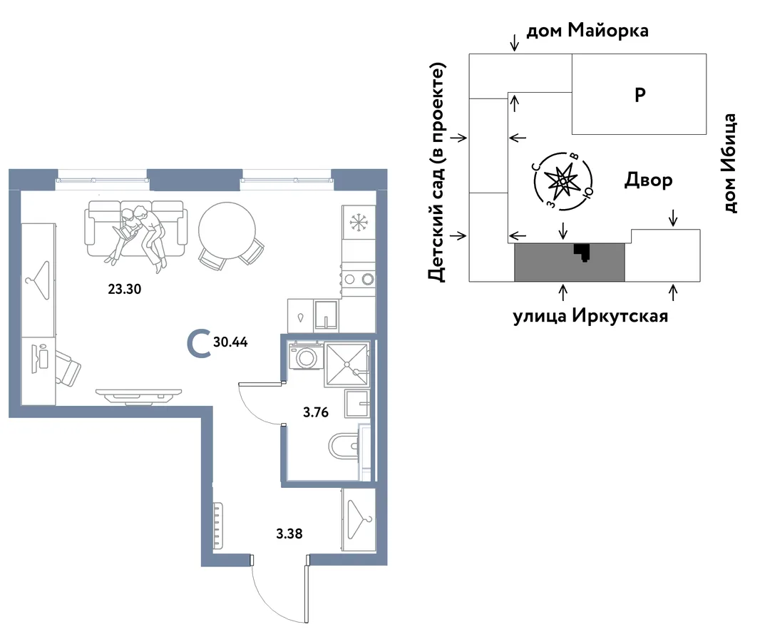 Планировка Студия, 30.44 м² ЖК «Остров-сад»