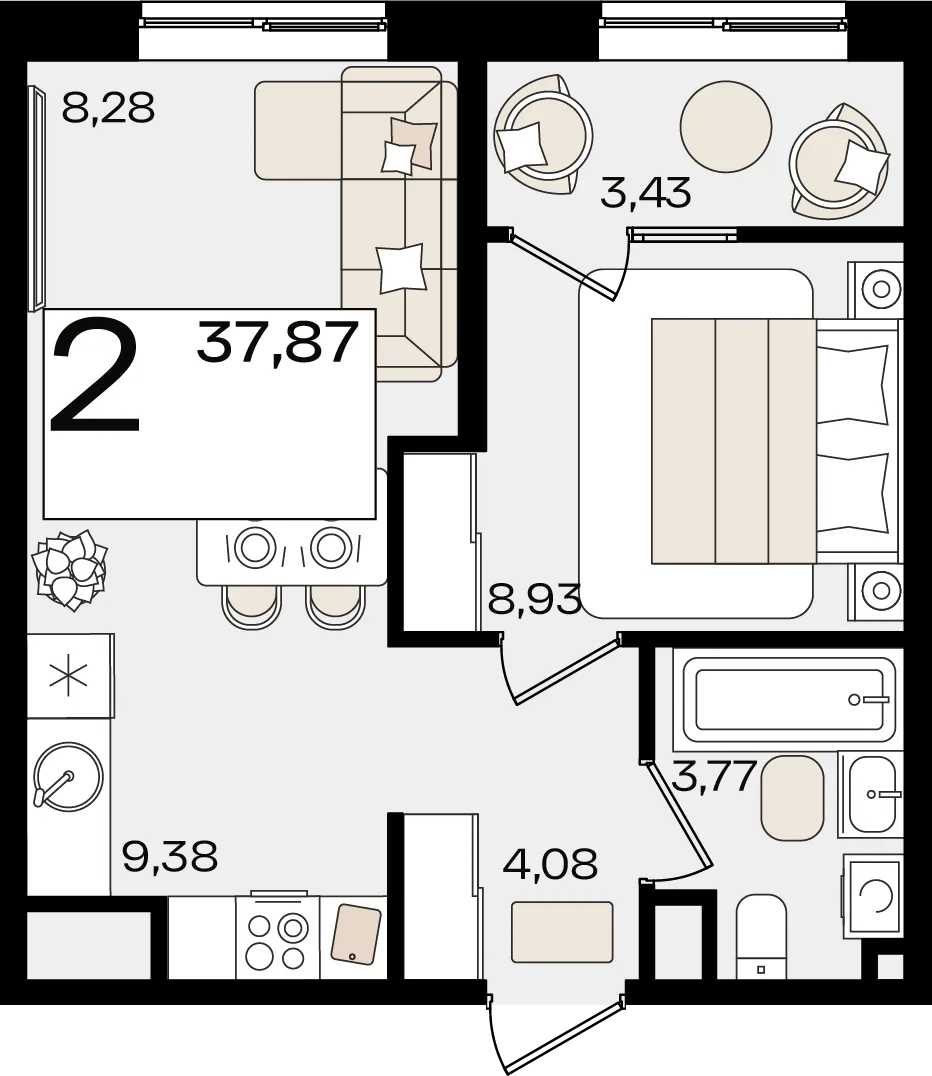 Планировка 2-комн. квартира, 37.87 м² ЖК «Патрики»