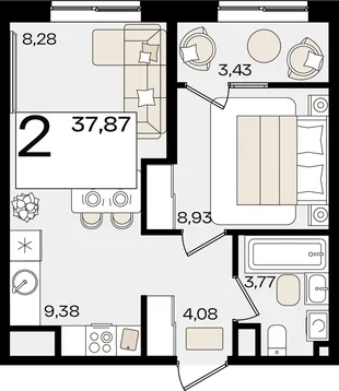 Планировка 2-комн. квартира, 37.87 м² ЖК «Патрики»