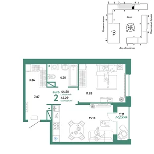 Планировка 2-комн. квартира, 44.5 м² ЖК «Юнион»